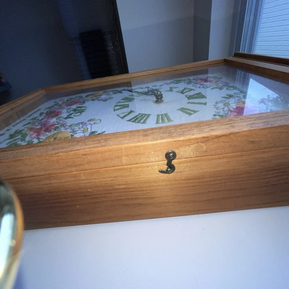 Hand Made Cross Stitch Clock In Wood Shadow Glass Box Plug-In 10.5